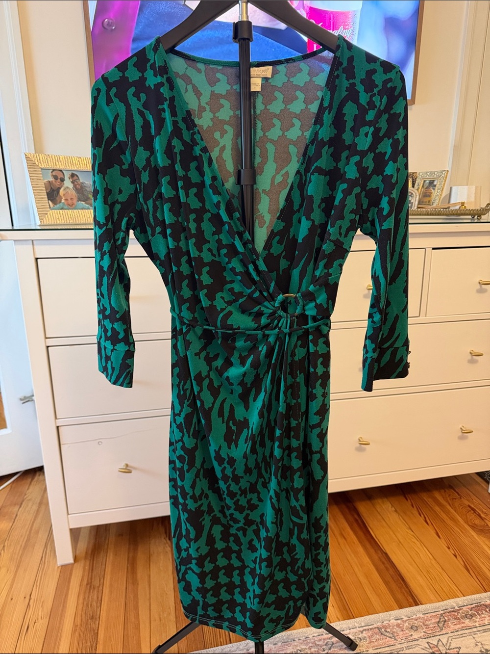 A Pea in the Pod Green and Black Midi Wrap Dress